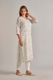 Jaam Satin Digital Printed Fabric Cream Rani Mehandi Flower Kurti